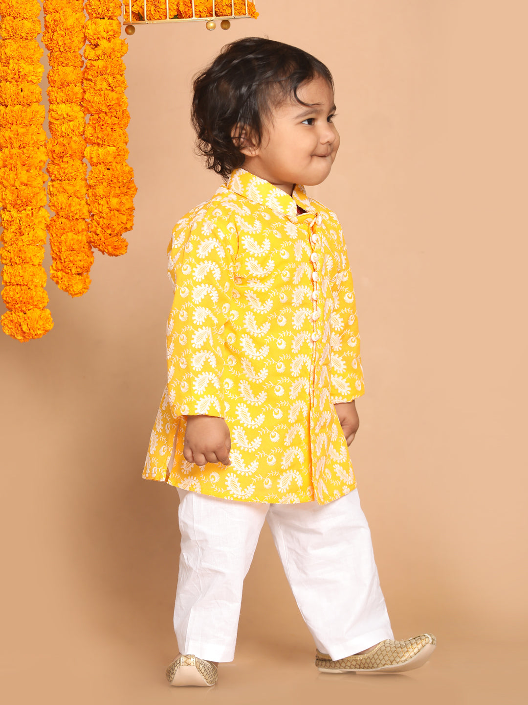VASTRAMAY SISHU Boy's Orange Floral Chikankari Pure Cotton Kurta With White Pyjama Set - qivii