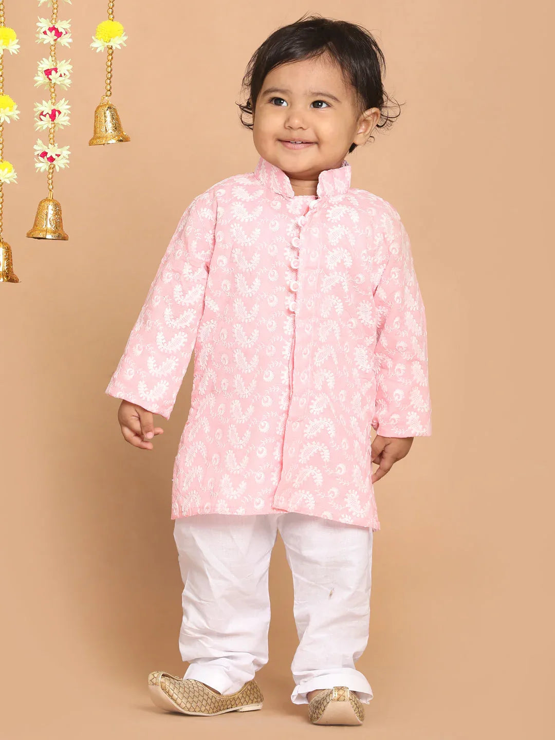 Sishu Boy's Pink Floral Chikankari Pure Cotton Kurta With Pyjama