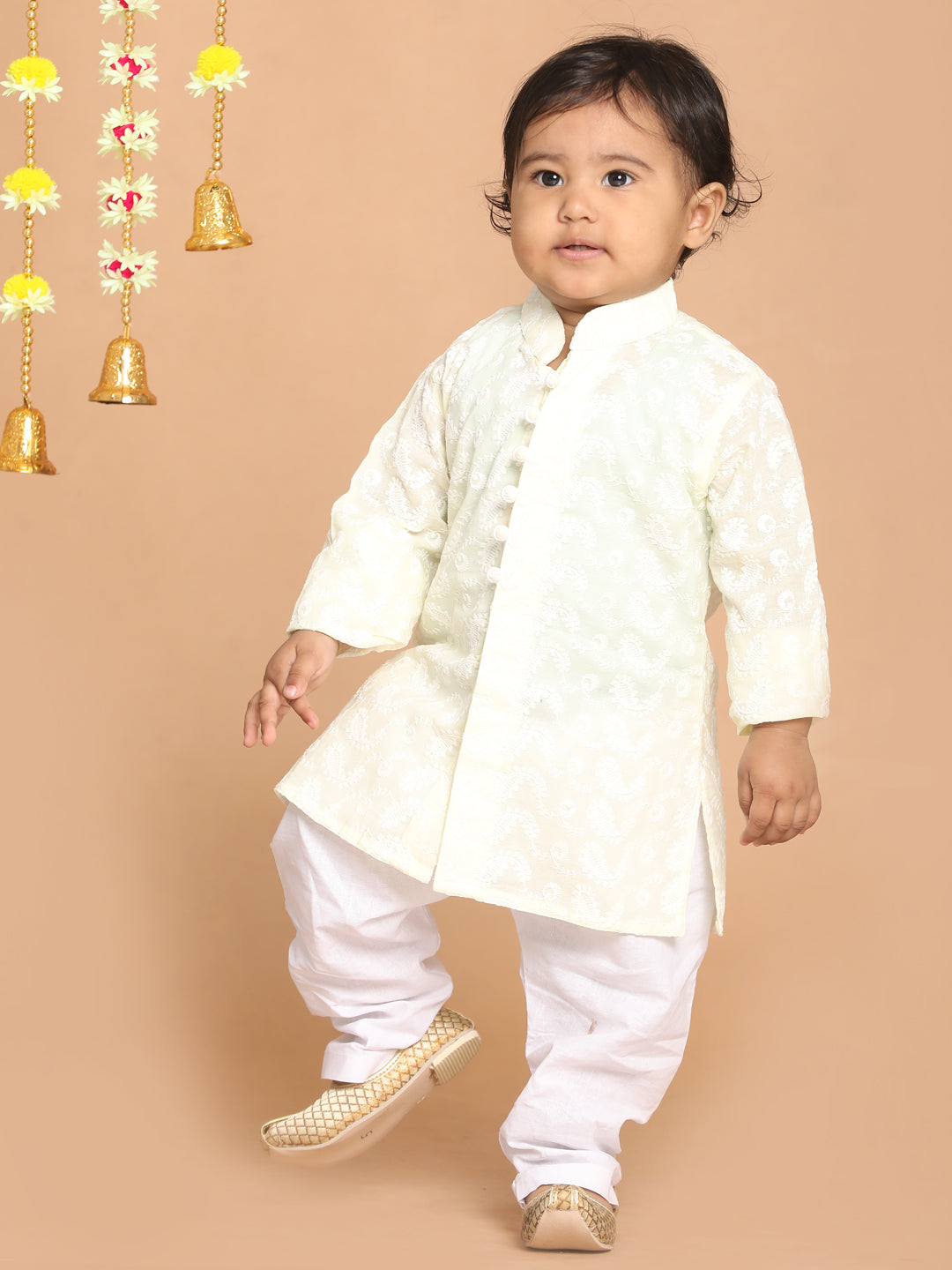 VASTRAMAY SISHU Boy's Yellow Chikankari Pure Cotton Kurta With Pyjama Set - qivii