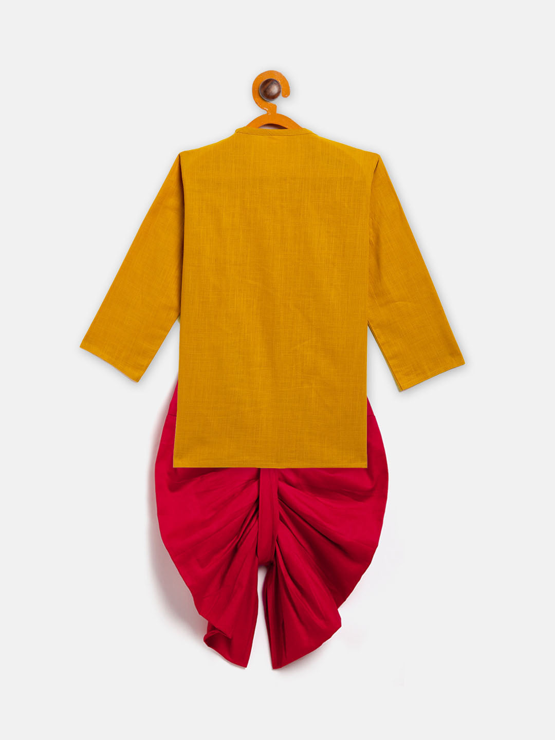 VASTRAMAY SISHU Boy's Mustard Floral Motif Embroidered Kurta and Red Dhoti Set - qivii