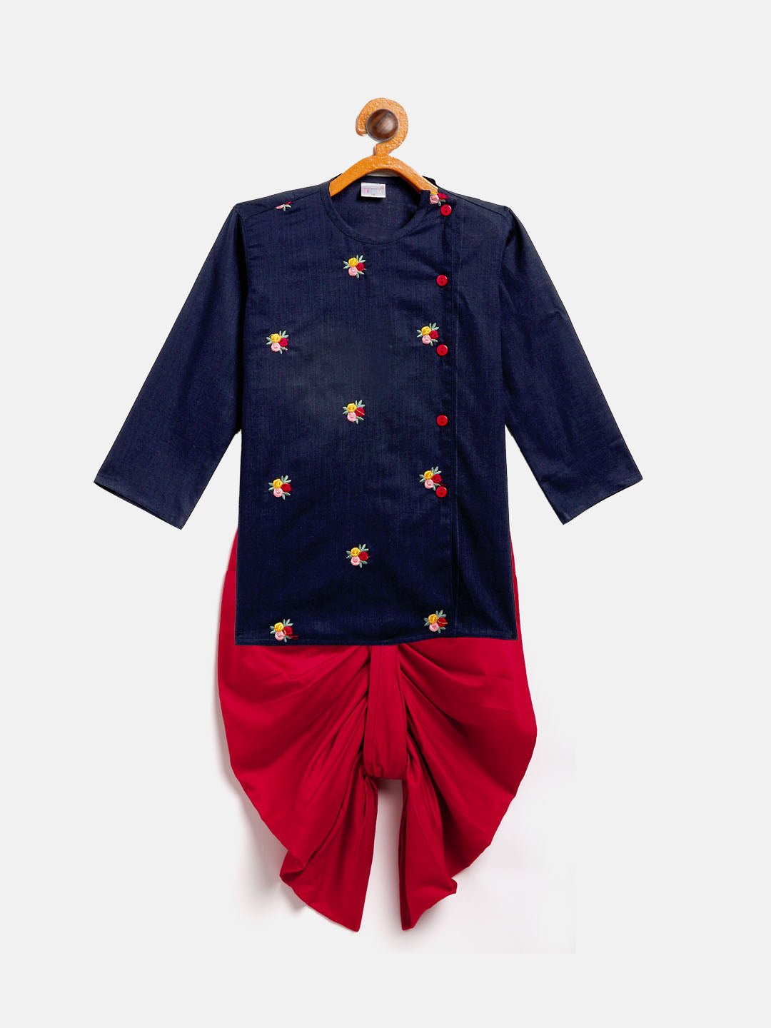VASTRAMAY SISHU Boy's Navy Blue Floral Motif Embroidered Kurta and Red Dhoti Set - qivii