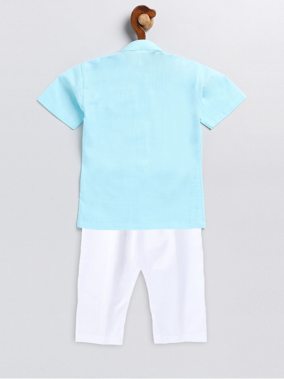 VASTRAMAY Boy's Aqua Blue and White Embroidered Cotton Kurta Pyjama Set - qivii