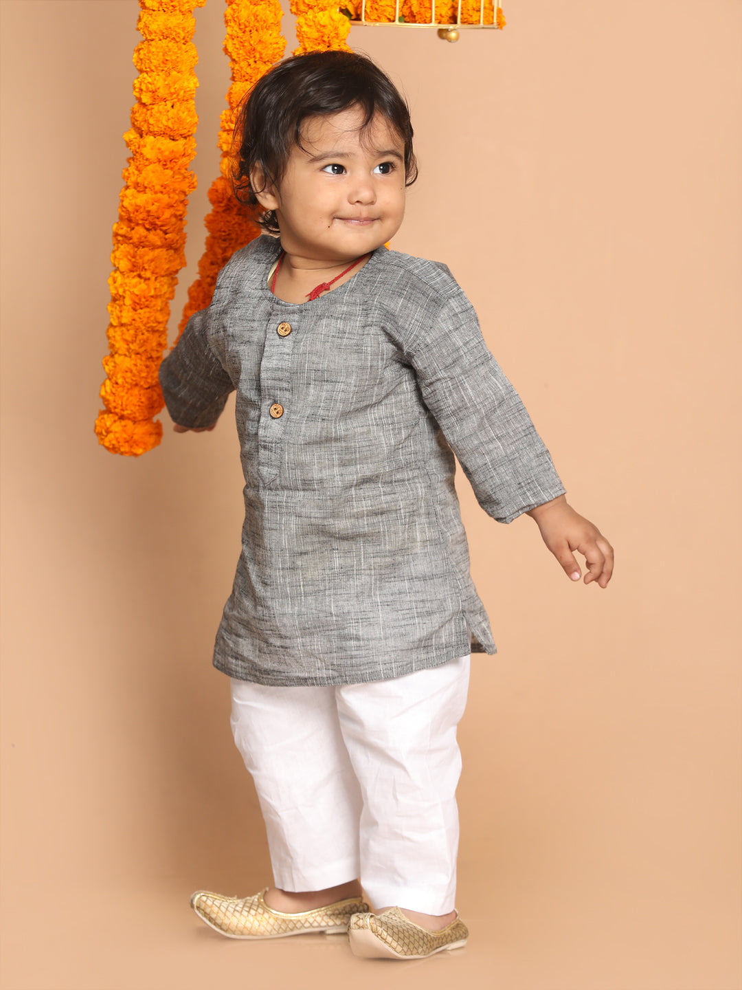 VASTRAMAY SISHU Boys' Grey Cotton Kurta and White Pyjama Set - qivii