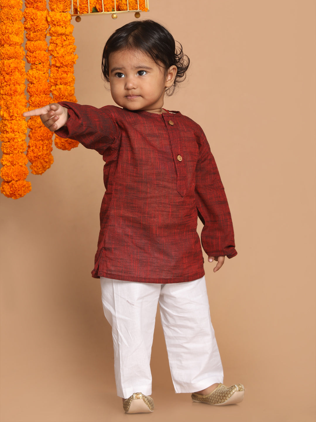 VASTRAMAY SISHU Boys' Maroon Cotton Kurta and White Pyjama Set - qivii