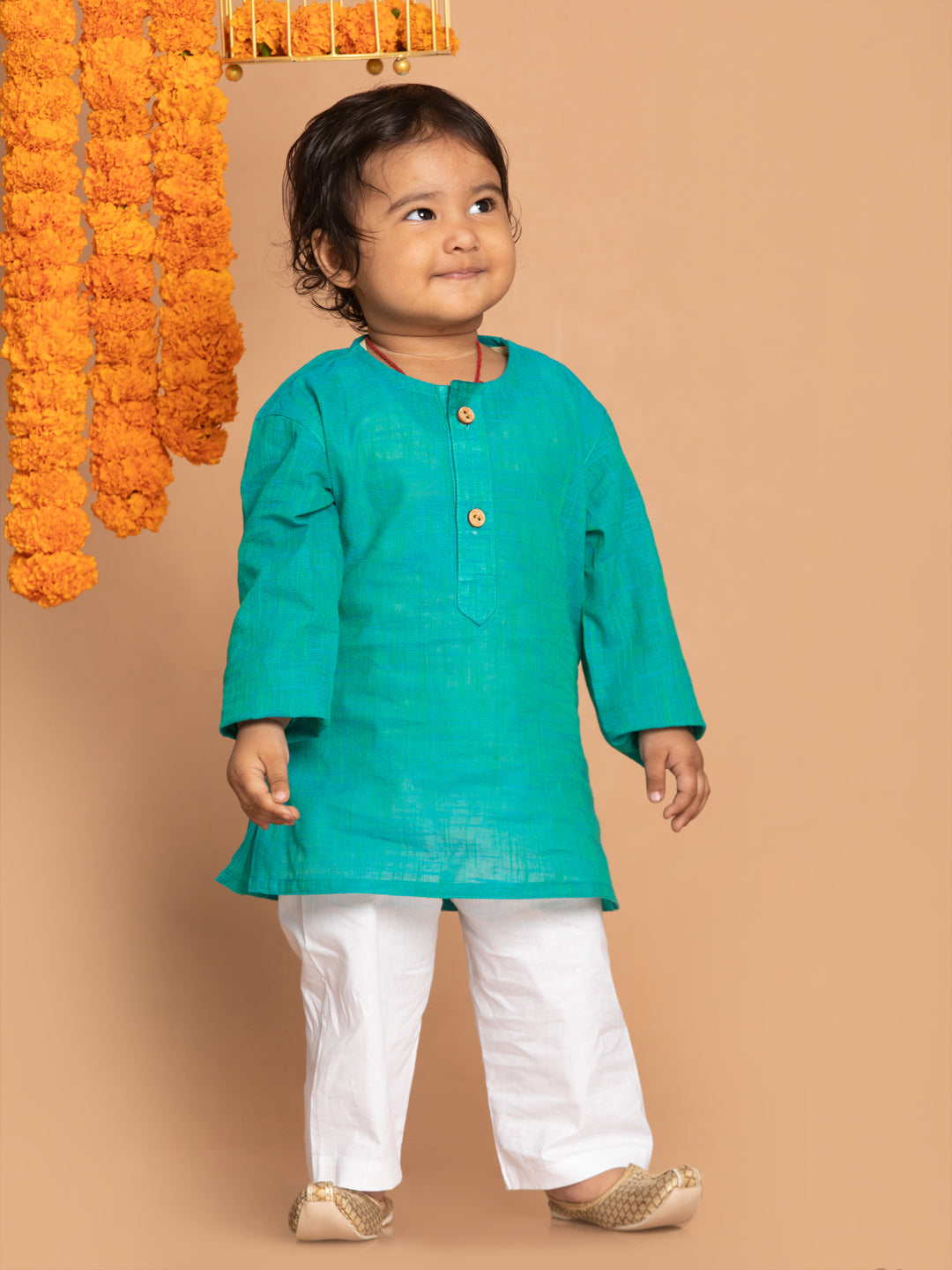 VASTRAMAY SISHU Boys' Turquoise Blue Cotton Kurta and White Pyjama Set - qivii