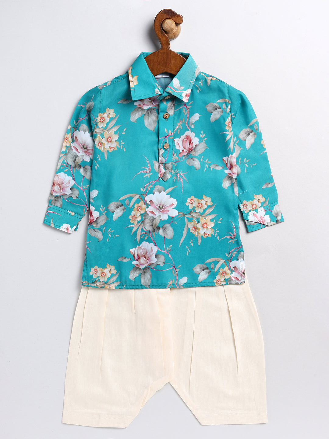 VASTRAMAY SISHU Boy's Turquoise Blue Floral Printed Kurta Patiala Set - qivii