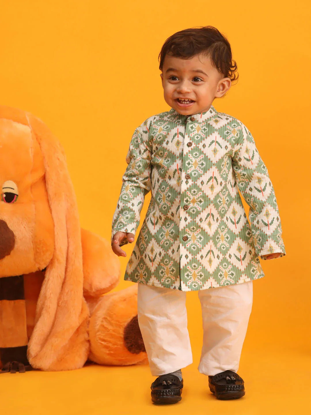 Sishu Boy's Green And White Printed Cotton Kurta Pyjama Set