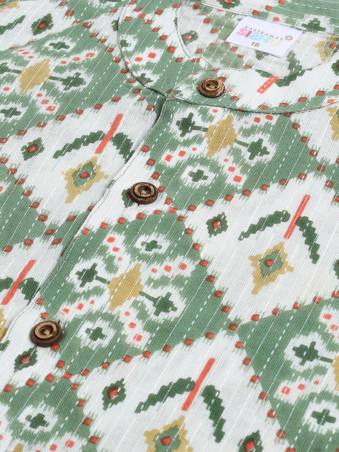 Sishu Boy's Green And White Printed Cotton Kurta Pyjama Set