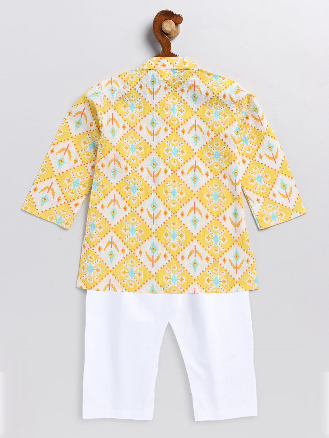 VASTRAMAY SISHU Boy's Yellow and White Printed Cotton Kurta Pyjama Set - qivii