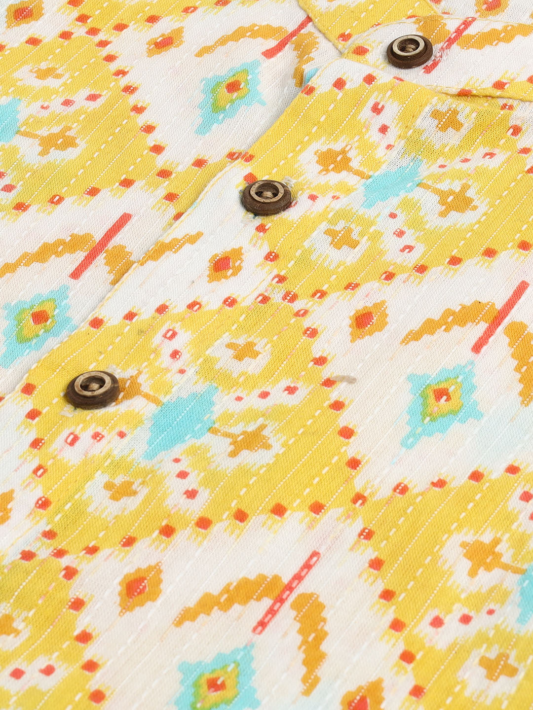 VASTRAMAY SISHU Boy's Yellow and White Printed Cotton Kurta Pyjama Set - qivii