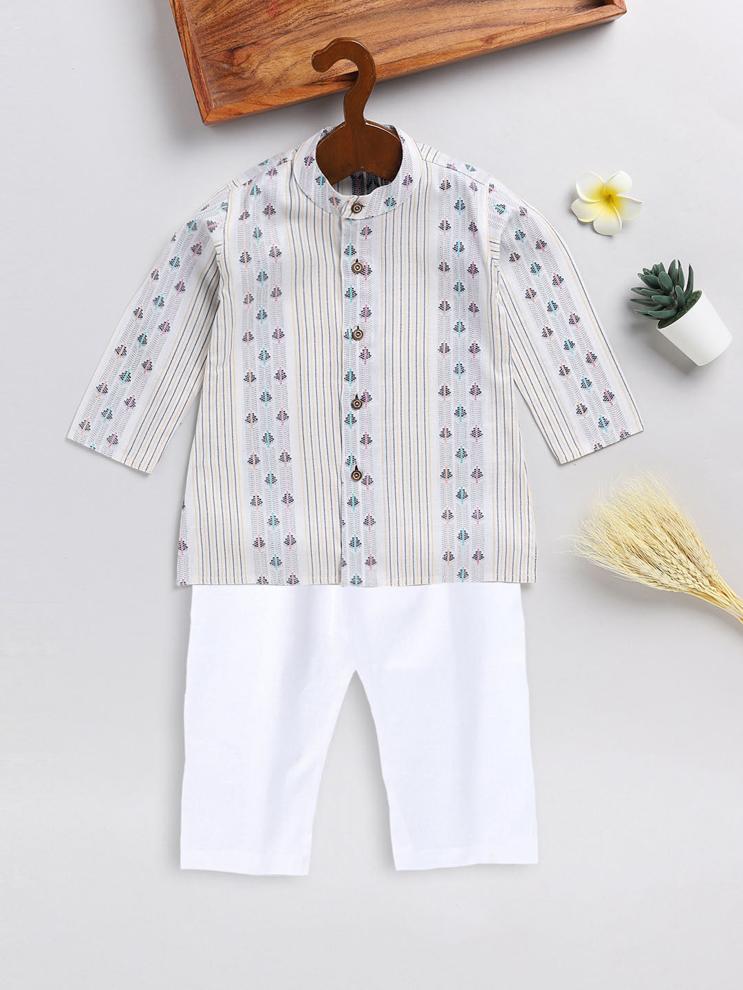 VASTRAMAY SISHU Boy's White Woven Design Cotton Kurta Pyjama Set - qivii