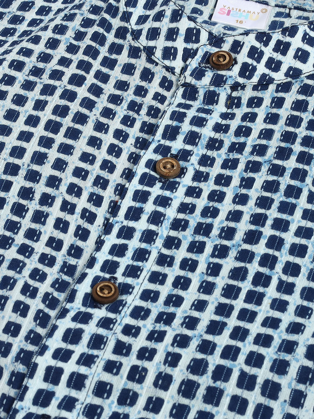 VASTRAMAY SISHU Boy's Blue and White Printed Cotton Kurta Pyjama Set - qivii