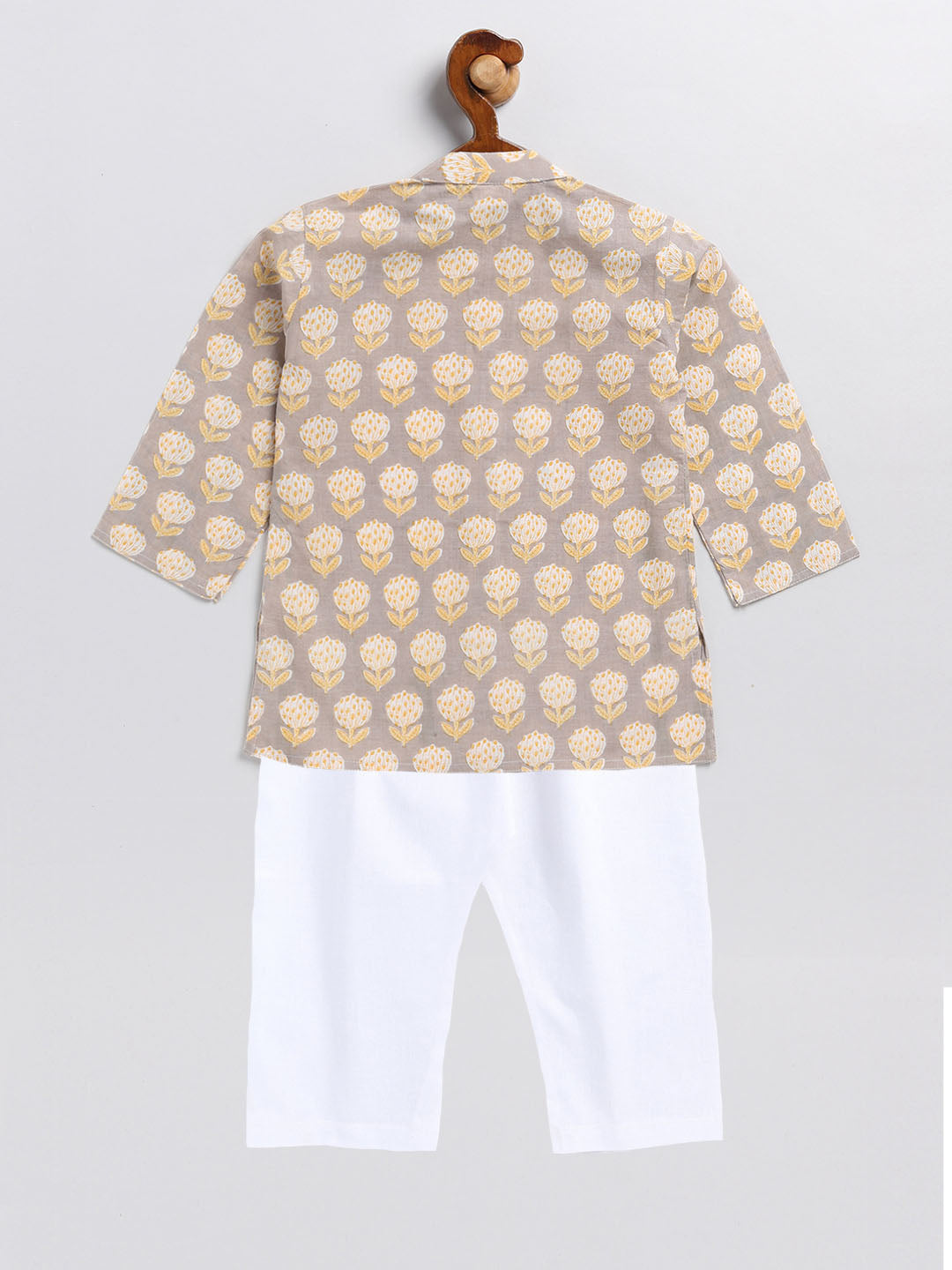 VASTRAMAY Boy's Gray Floral Printed Cotton Kurta Pyjama Set - qivii