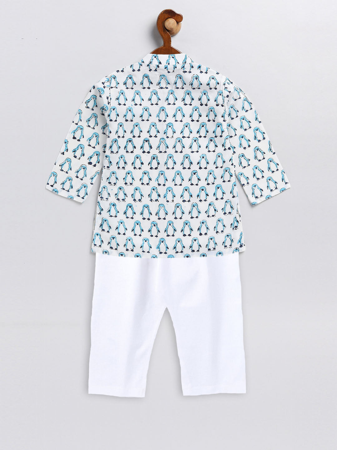 VASTRAMAY SISHU Boy's White and Blue Penguin Printed Cotton Kurta Pyjama Set - qivii