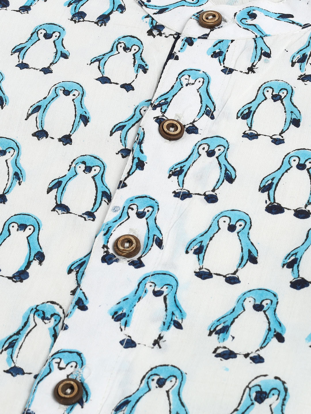 VASTRAMAY SISHU Boy's White and Blue Penguin Printed Cotton Kurta Pyjama Set - qivii