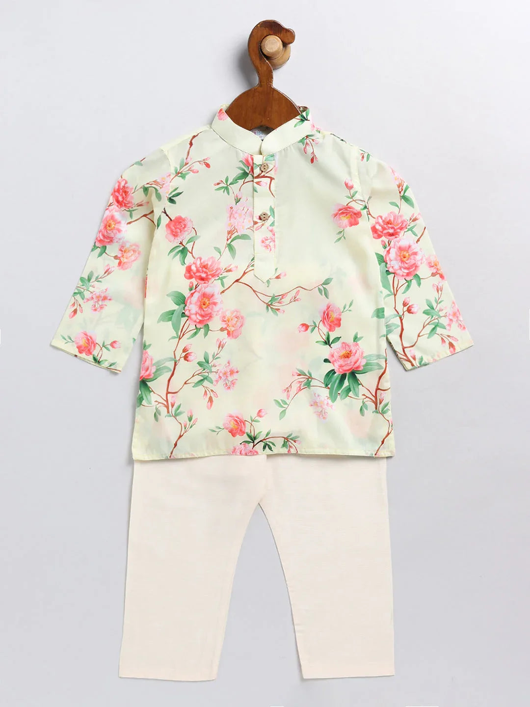 Boy's' Yellow Floral Printed Cotton Kurta Pyjama Set