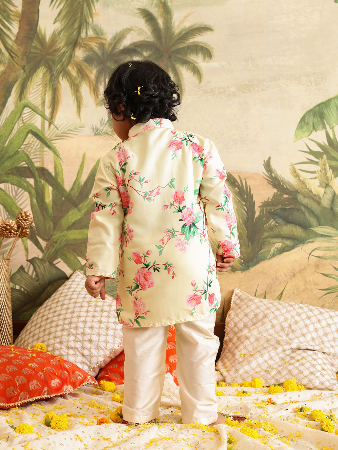 VASTRAMAY Boys' Yellow Floral Printed Cotton Kurta Pyjama Set - qivii