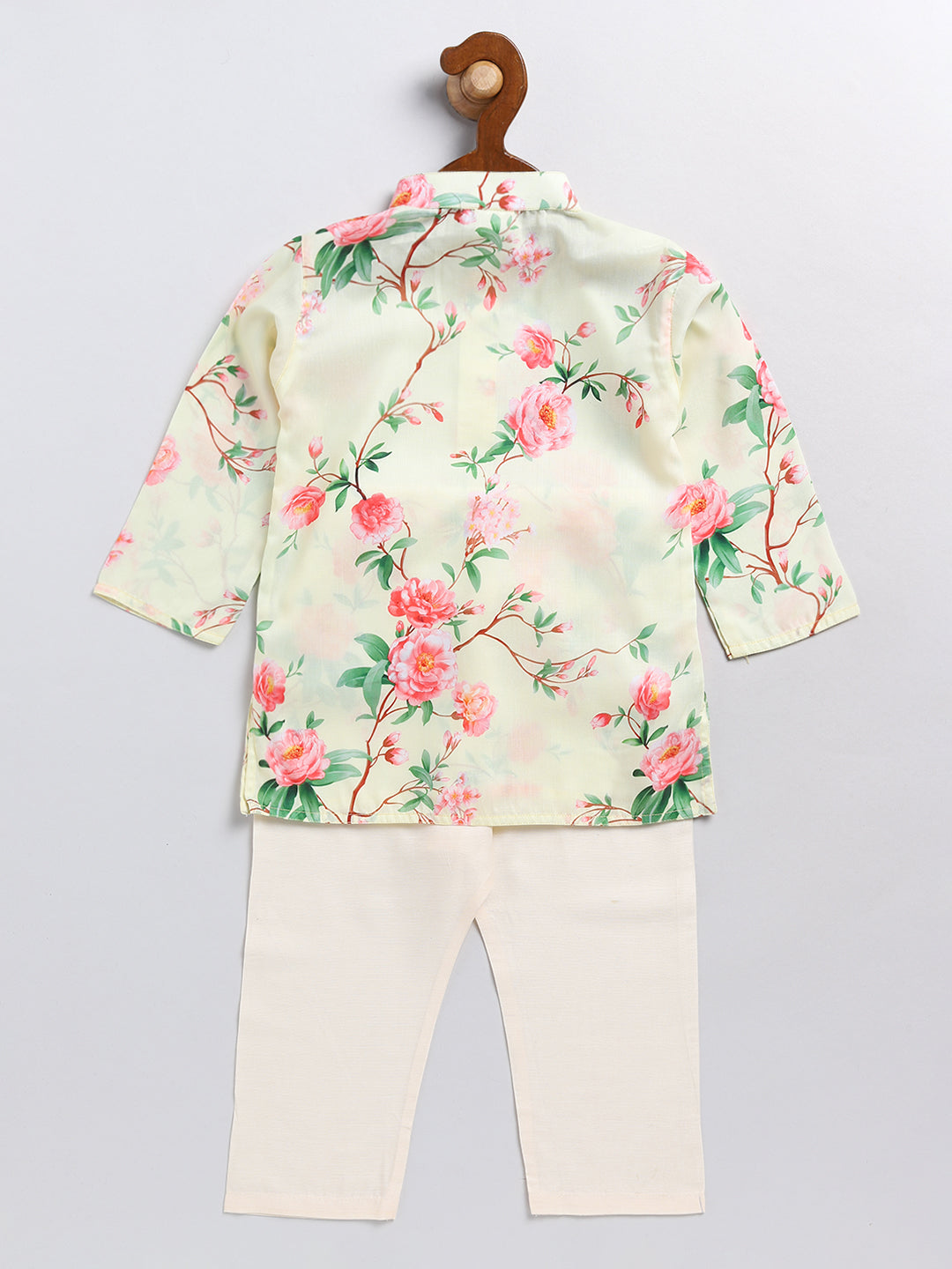 VASTRAMAY Boys' Yellow Floral Printed Cotton Kurta Pyjama Set - qivii