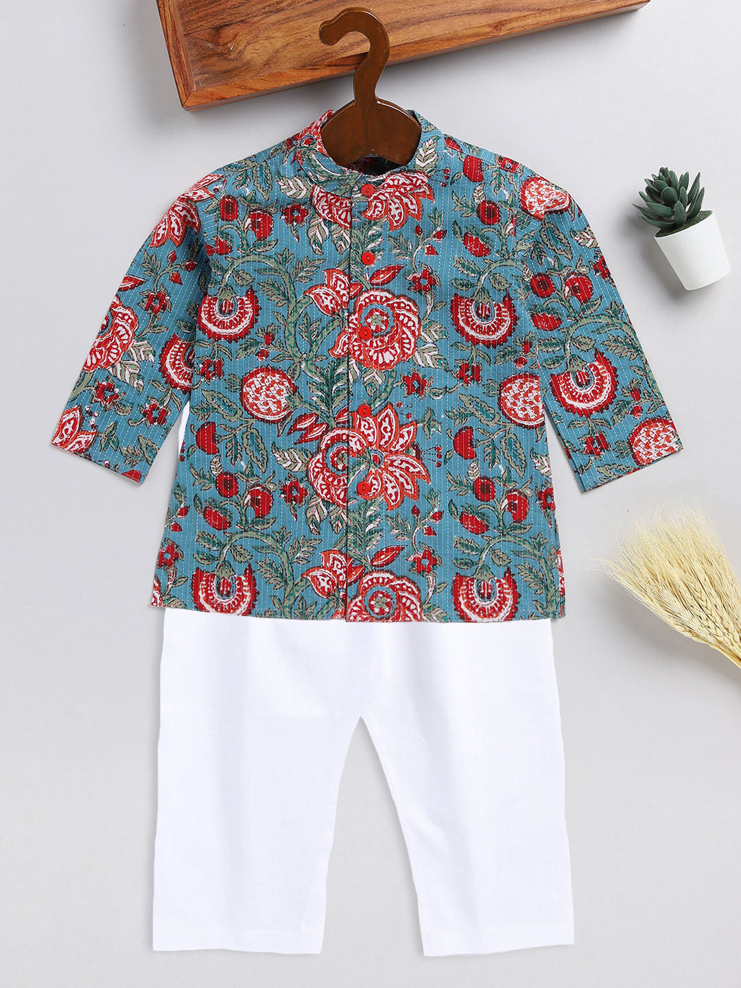 VASTRAMAY SISHU Boy's Green Kalamkari Floral Printed Cotton Kurta Pyjama Set - qivii