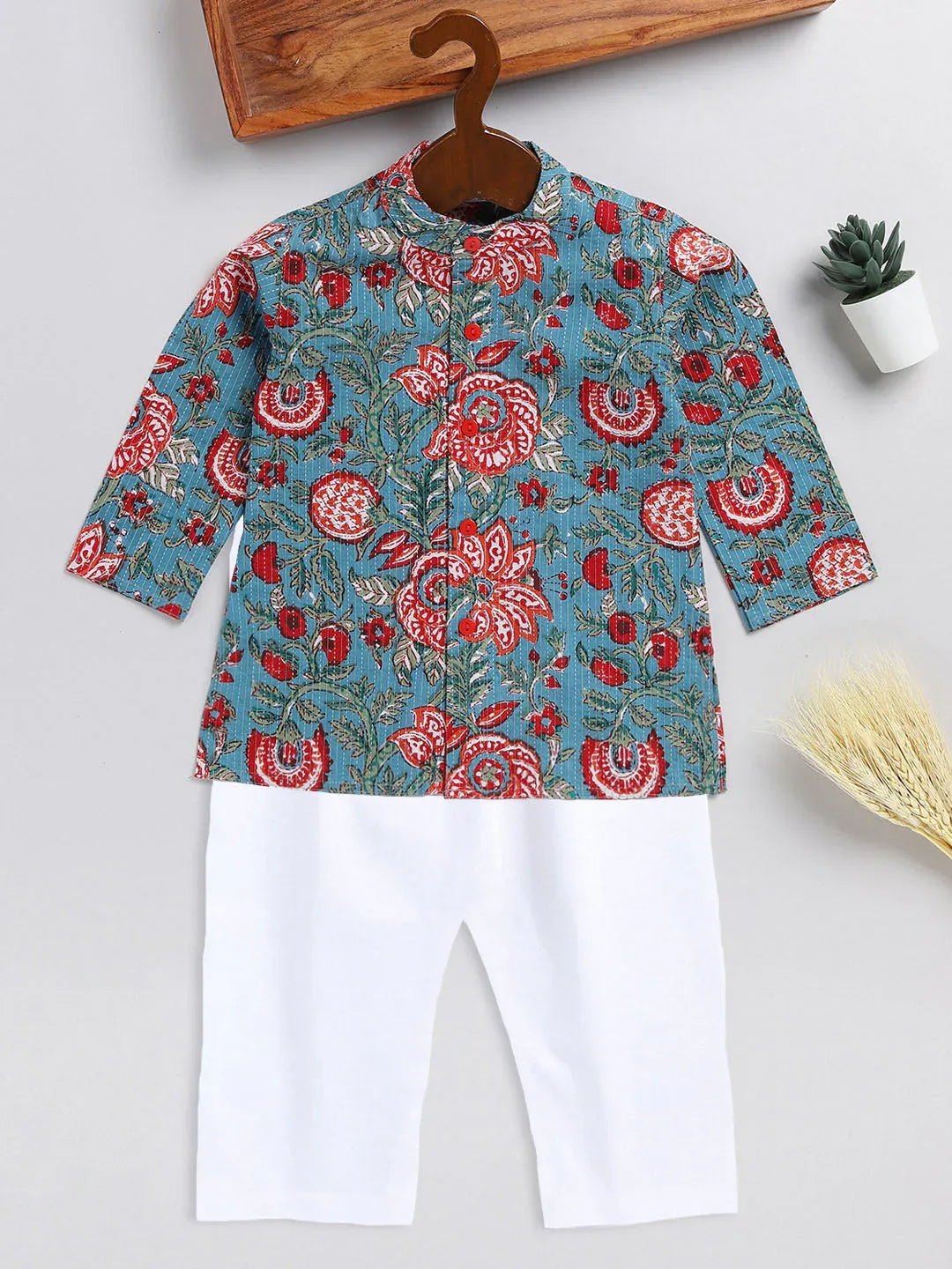 Sishu Boy's Green Kalamkari Floral Printed Cotton Kurta Pyjama Set