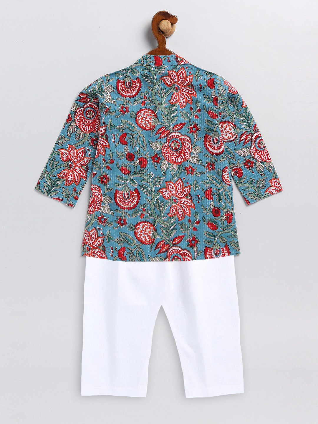 VASTRAMAY SISHU Boy's Green Kalamkari Floral Printed Cotton Kurta Pyjama Set - qivii