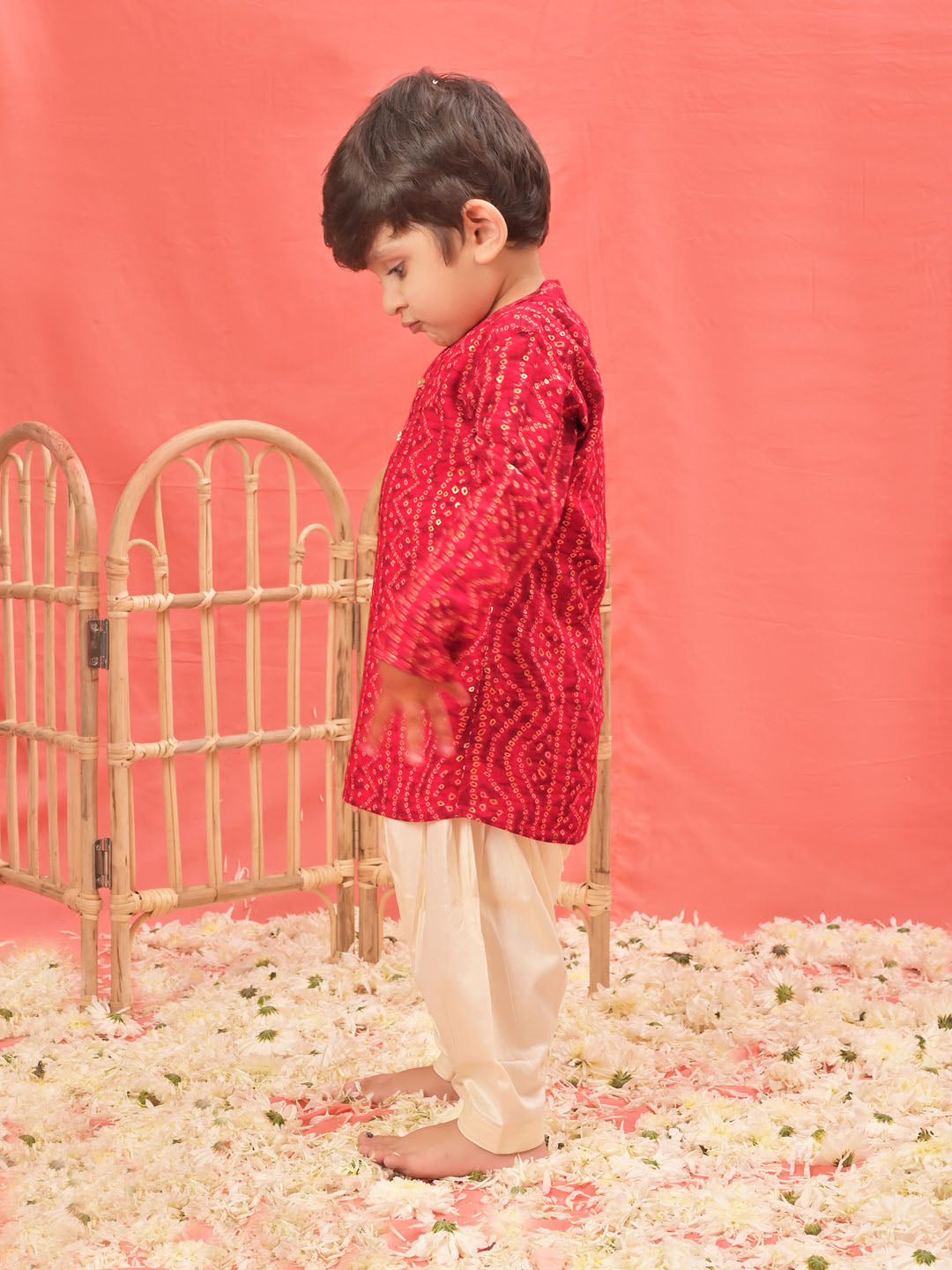 VASTRAMAY Boys' Red Bandhni Kurta And Patiala Set - qivii