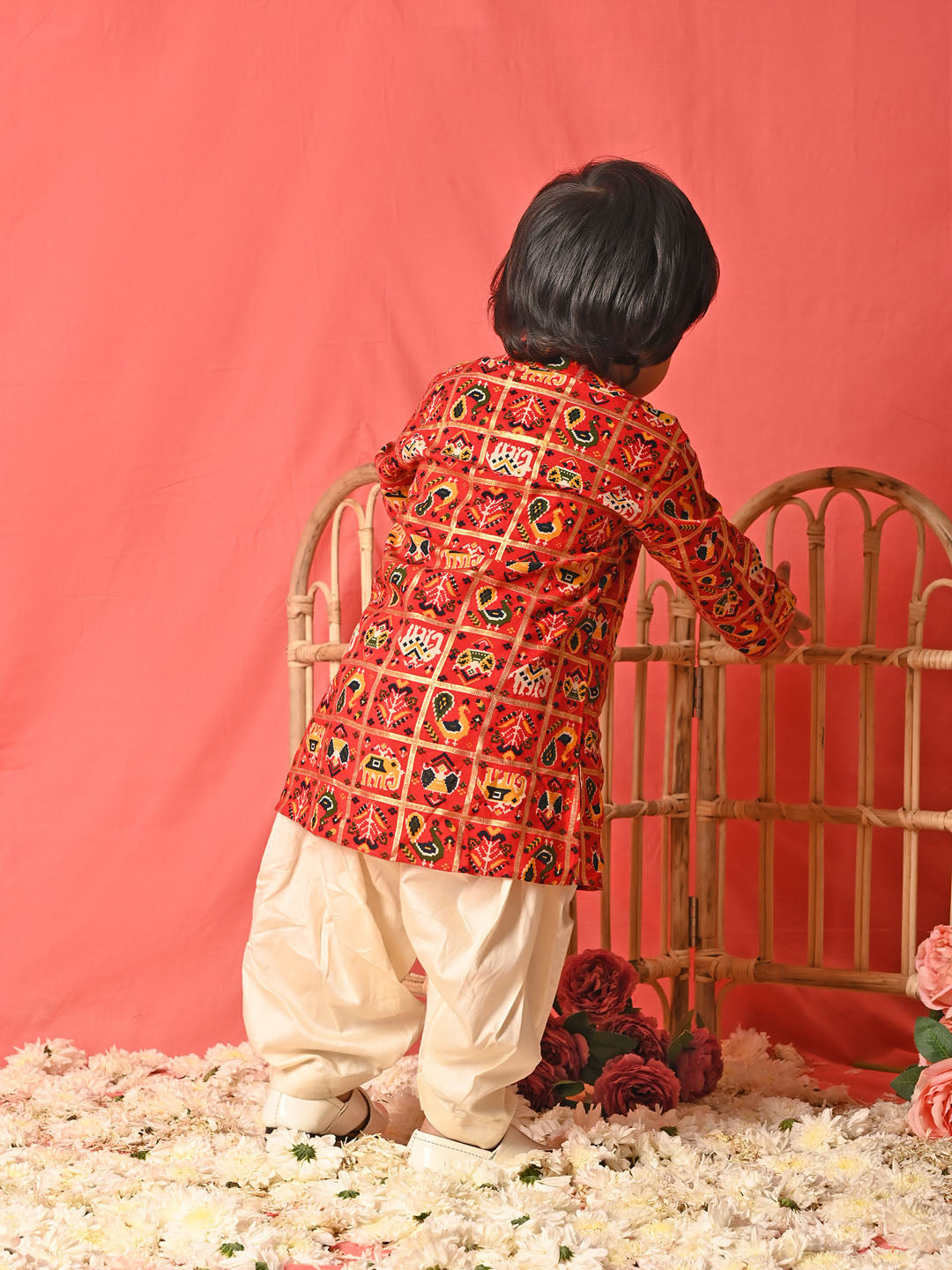 VASTRAMAY Boys' Red Patola Print Festive Kurta Pyjama Set - qivii