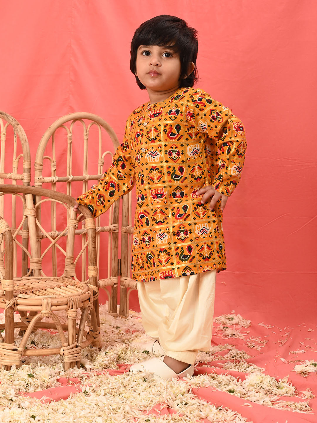 VASTRAMAY Boys' Yellow Patola Print Festive Kurta Pyjama Set - qivii