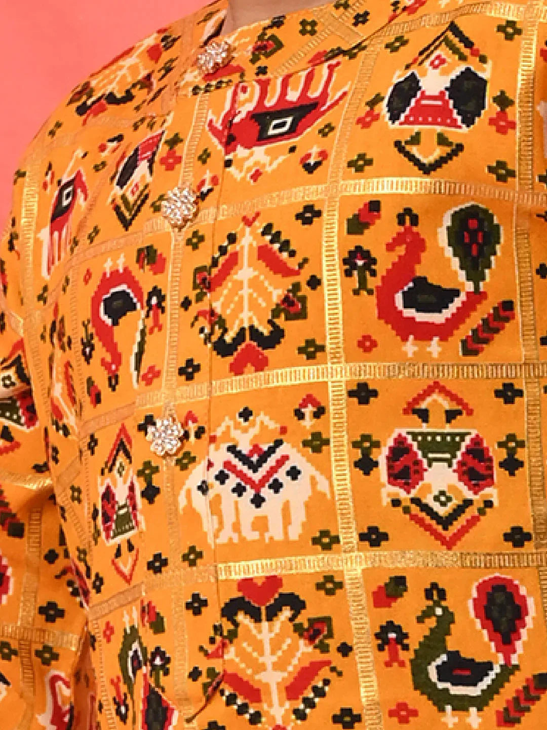 Boy's Yellow Patola Print Festive Kurta Pyjama Set