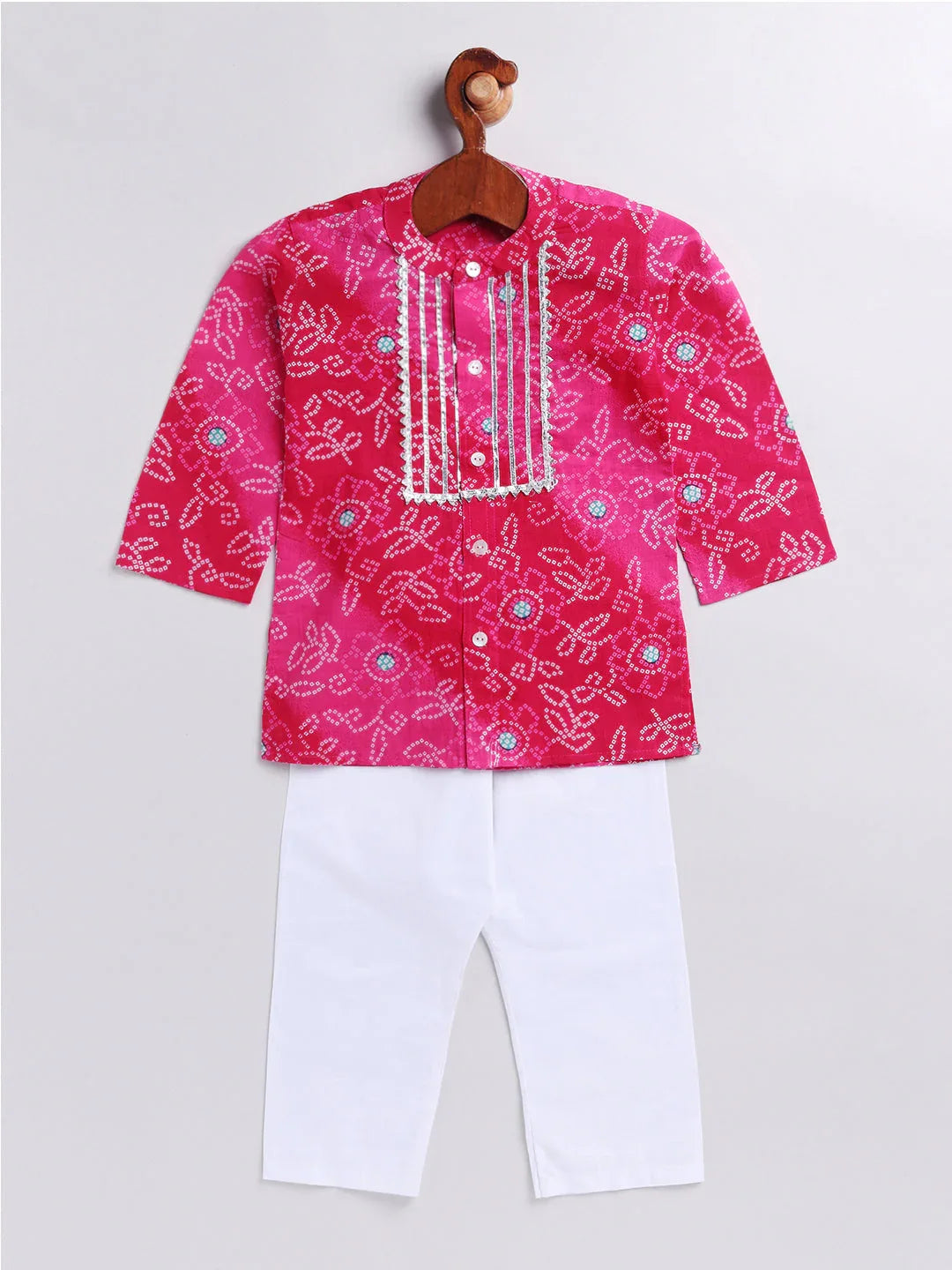 Infant Boy's Pink And White Cotton Kurta Pyjama Set