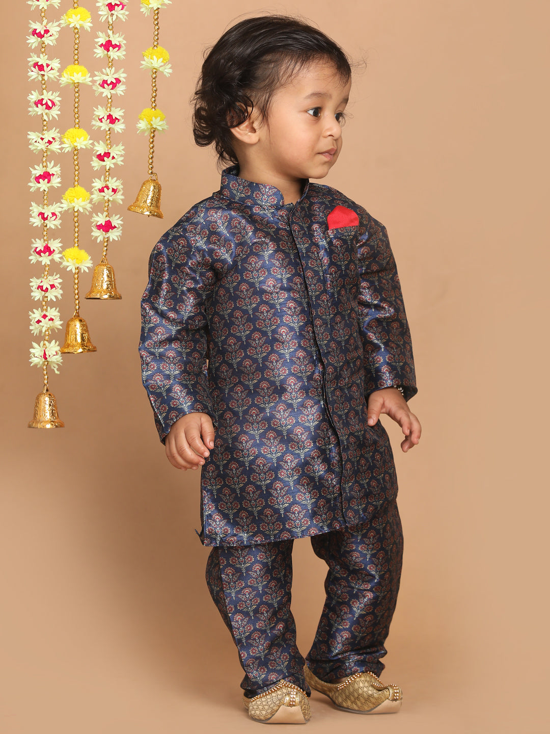 VASTRAMAY Boy's Navy Blue Floral Printed Kurta And Pyjama Set - qivii