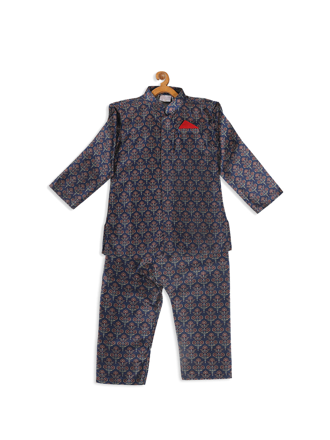 VASTRAMAY Boy's Navy Blue Floral Printed Kurta And Pyjama Set - qivii