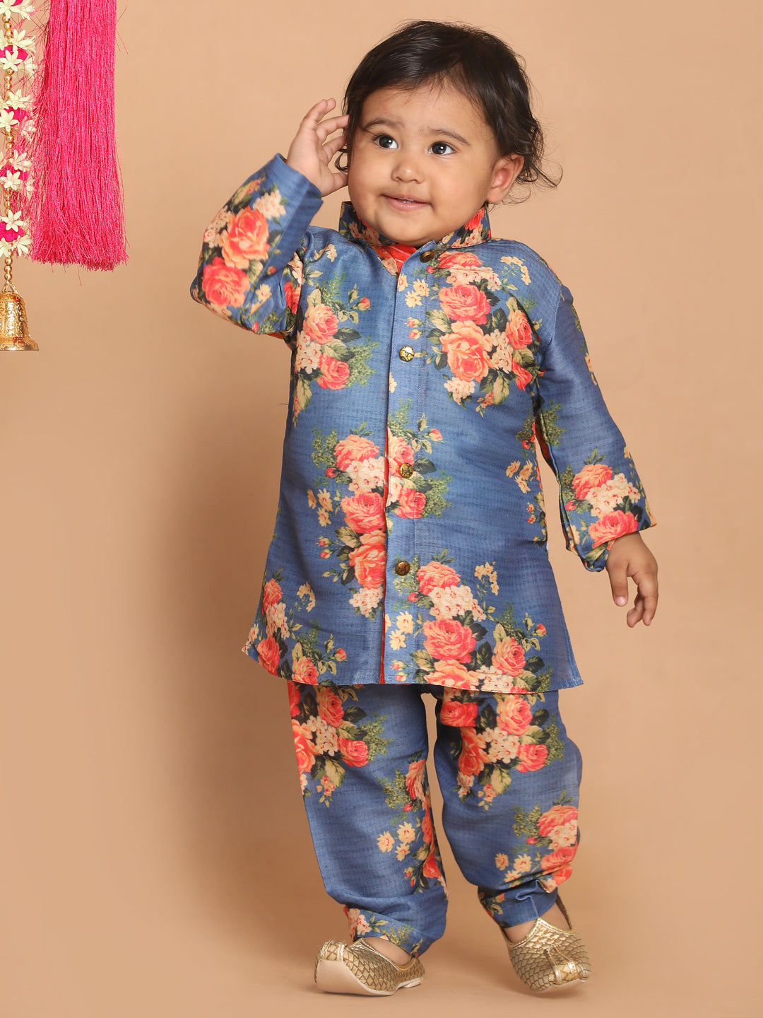 VASTRAMAY Boy's Blue Floral Printed Kurta With Pyjama Set - qivii