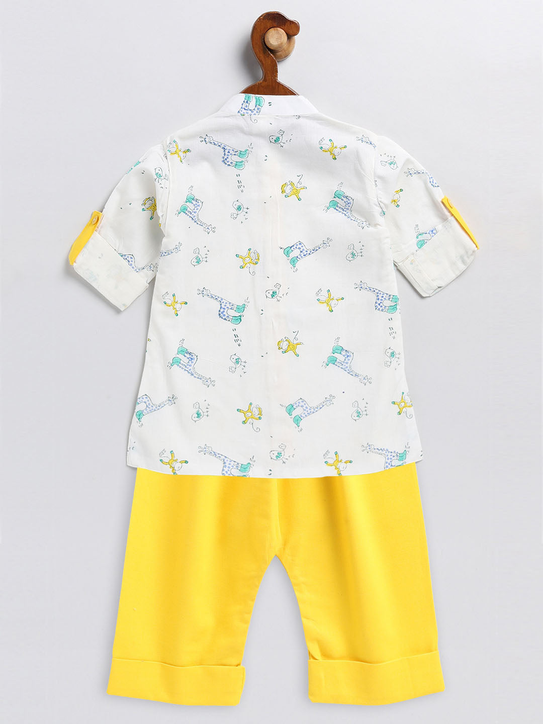 VASTRAMAY Boy's White and Yellow Animals Printed Cotton Kurta Pyjama Set - qivii