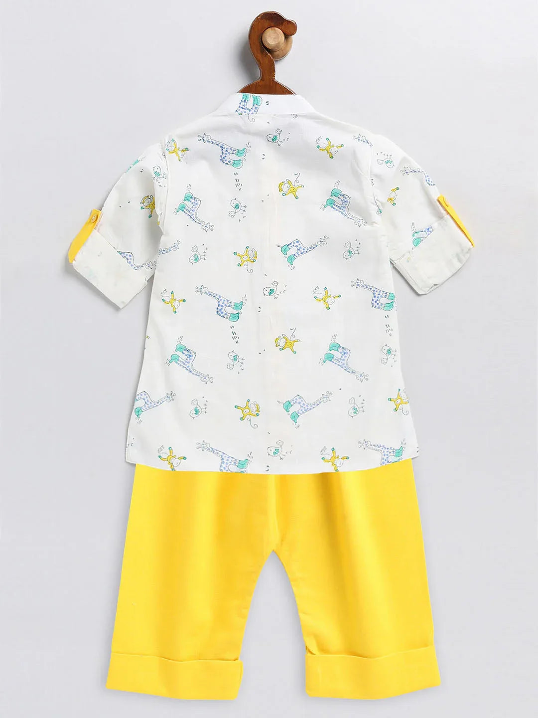 Boy's White And Yellow Animals Printed Cotton Kurta Pyjama Set