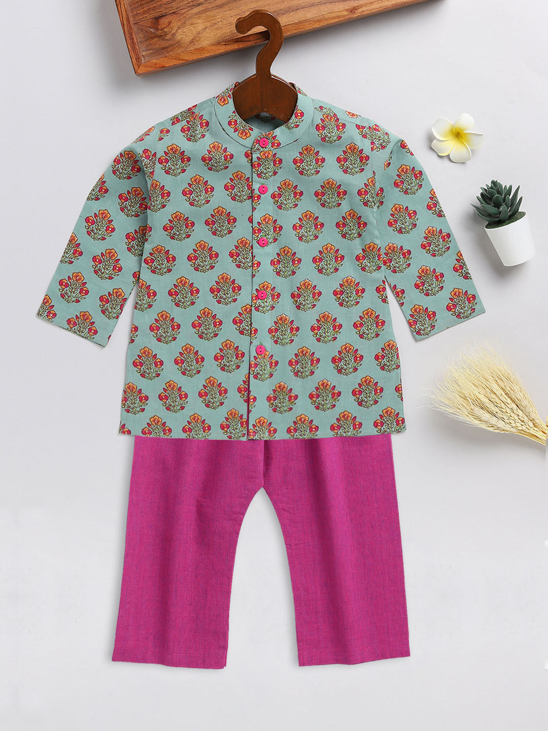 VASTRAMAY SISHU Boy's Green and Magenta Floral Printed Cotton Kurta Pyjama Set - qivii