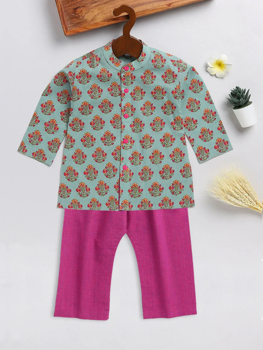 Sishu Boy's Green And Magenta Floral Printed Cotton Kurta Pyjama Set