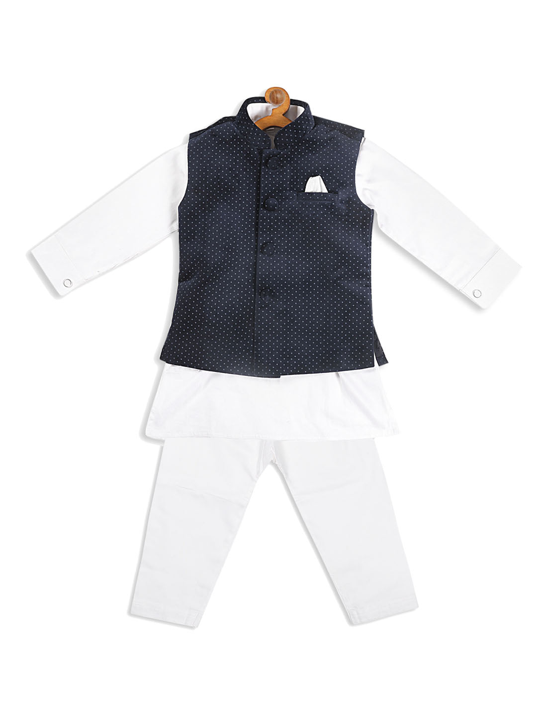 VASTRAMAY SISHU Boy's White Kurta Pyjama Set With Blue Dot Print Nehru Jacket - qivii