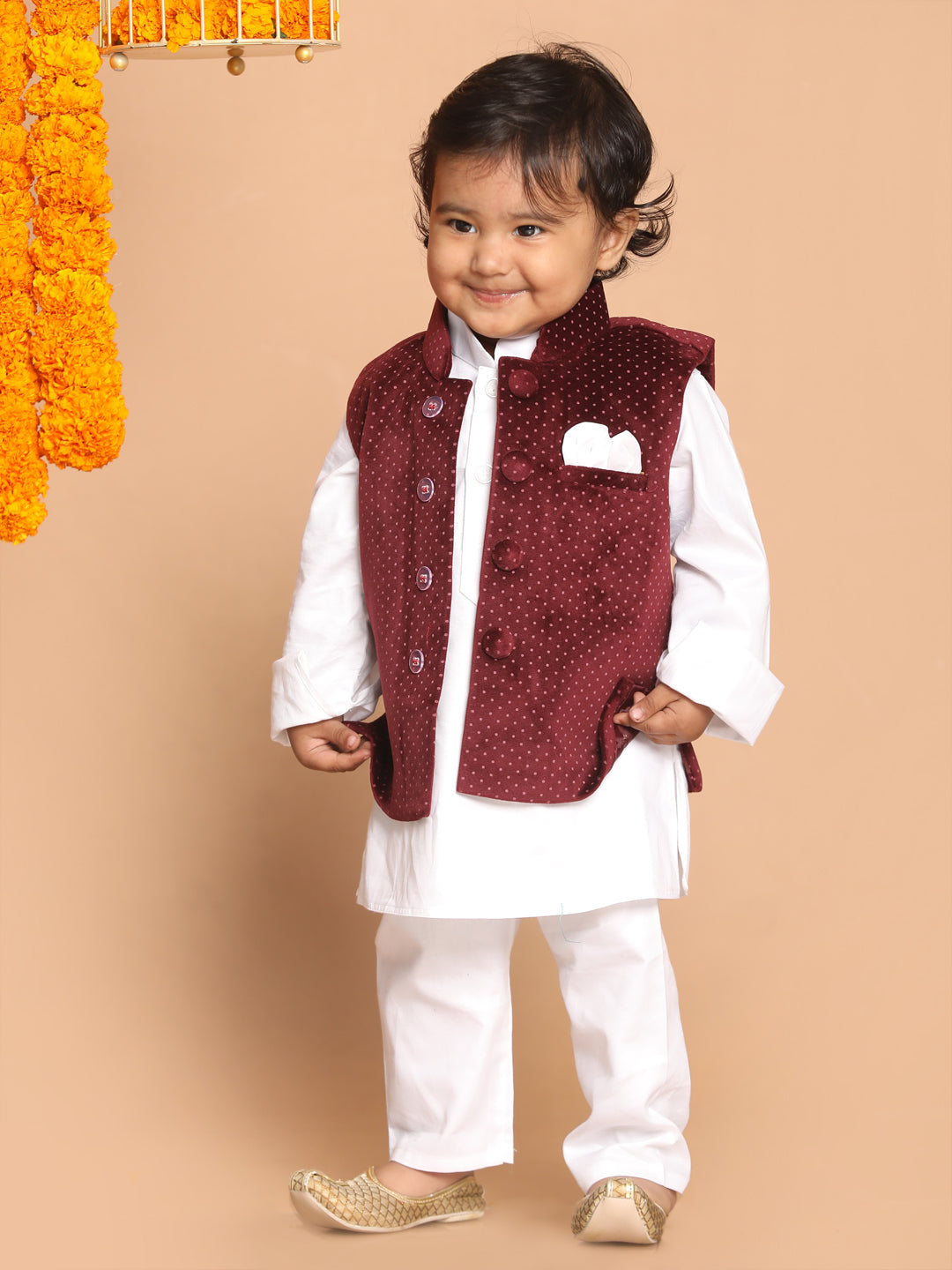 VASTRAMAY SISHU Boy's Maroon Printed Kurta with Pyjamas & Nehru Jacket - qivii