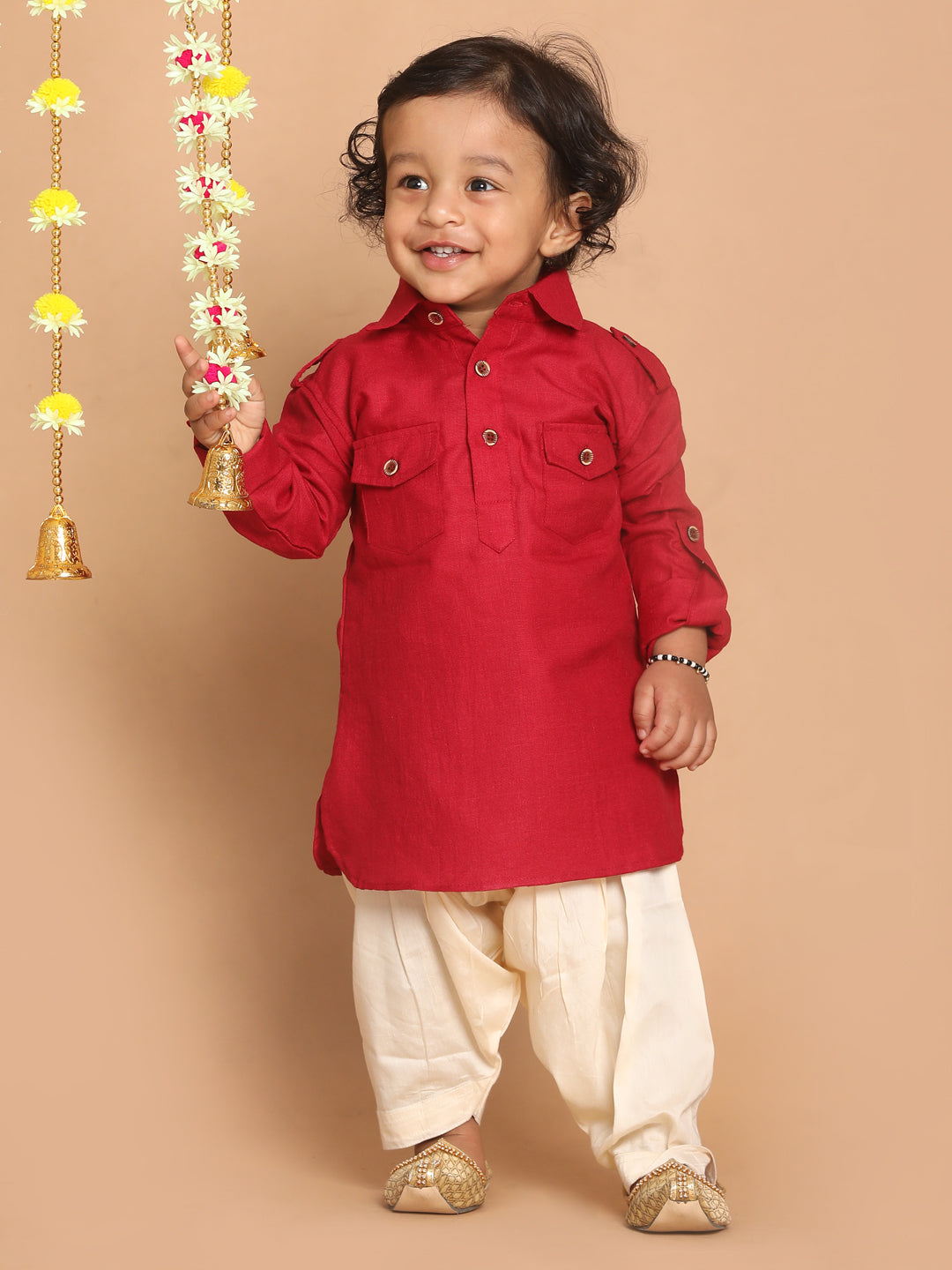 VASTRAMAY Boy's Maroon Pathani Kurta With Patiala Set - qivii