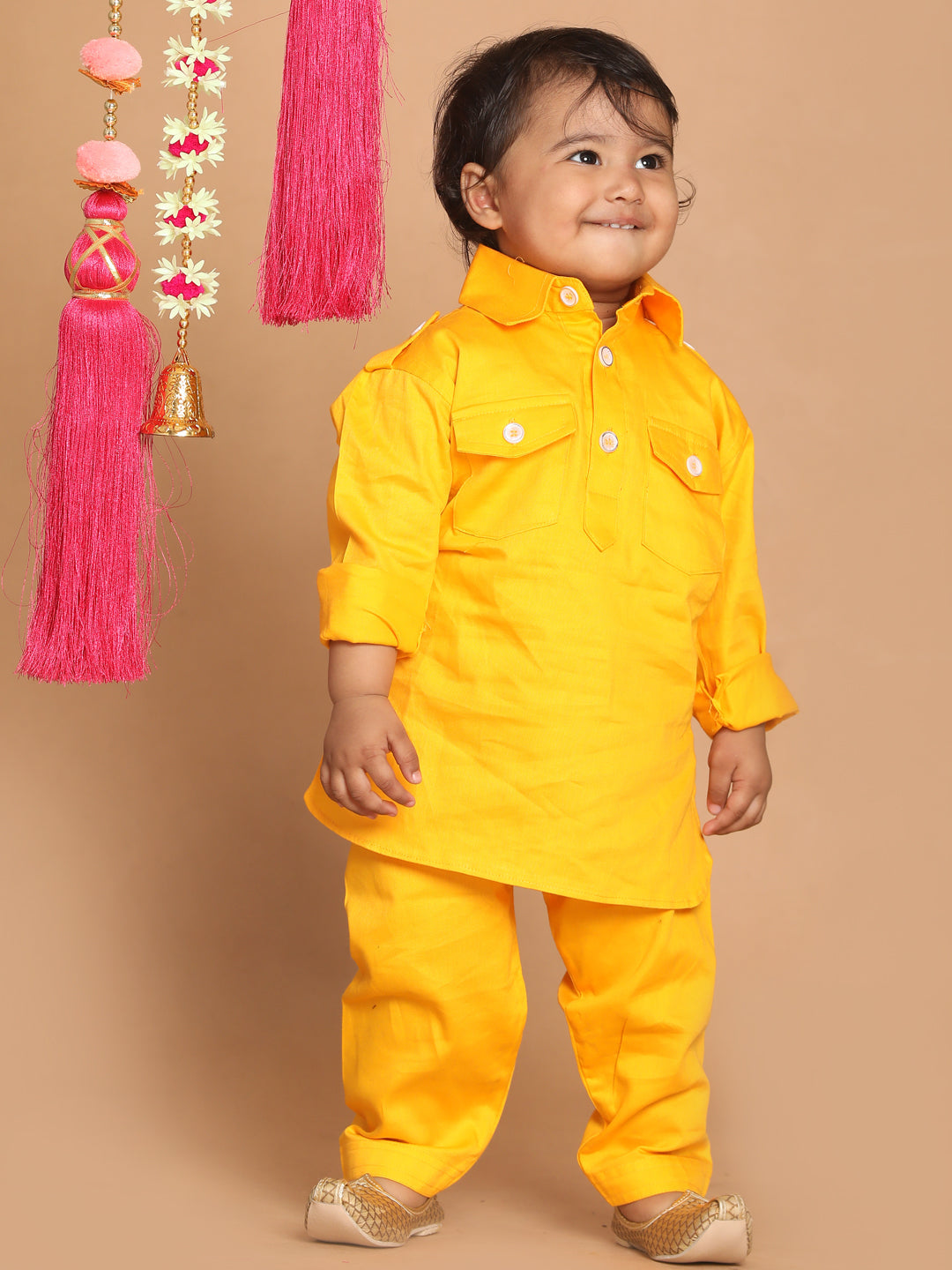 VASTRAMAY SISHU Boy's Yellow Pure Cotton Pathani Kurta With Pyjama Set - qivii