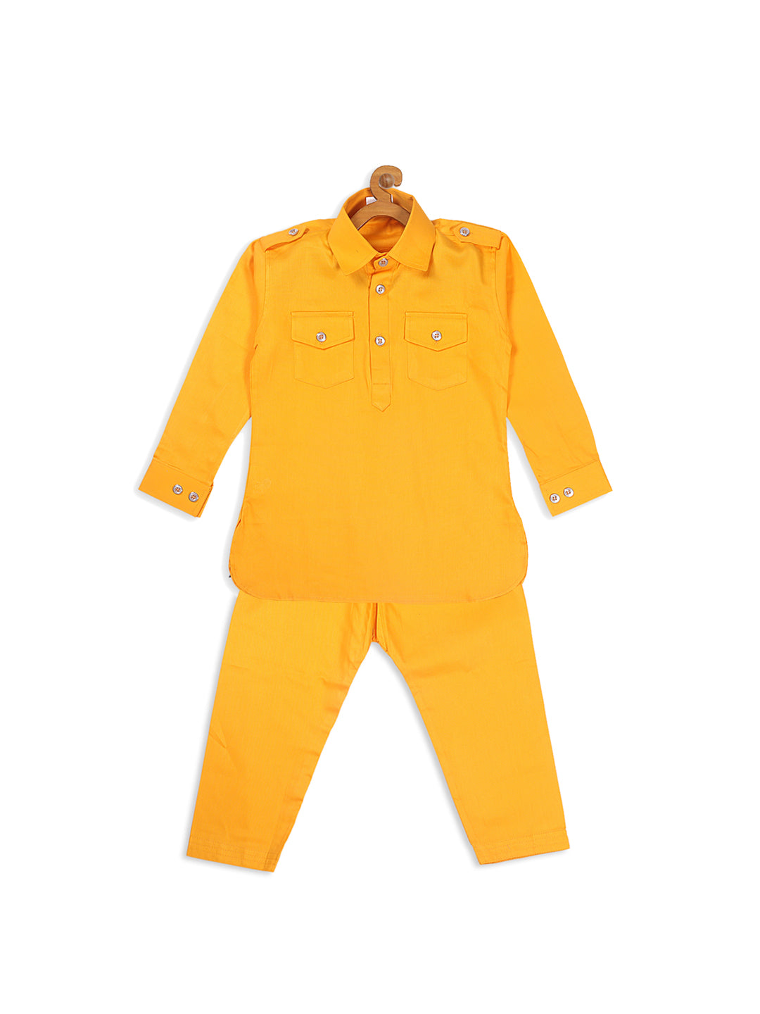 VASTRAMAY SISHU Boy's Yellow Pure Cotton Pathani Kurta With Pyjama Set - qivii