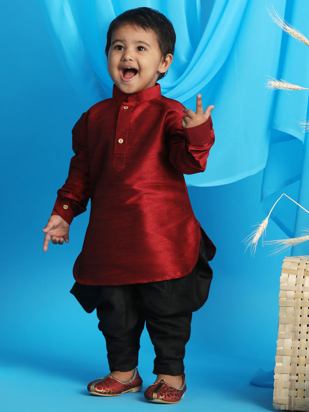 VASTRAMAY SISHU Boy's Maroon Kurta And Black Cowl Dhoti Set - qivii