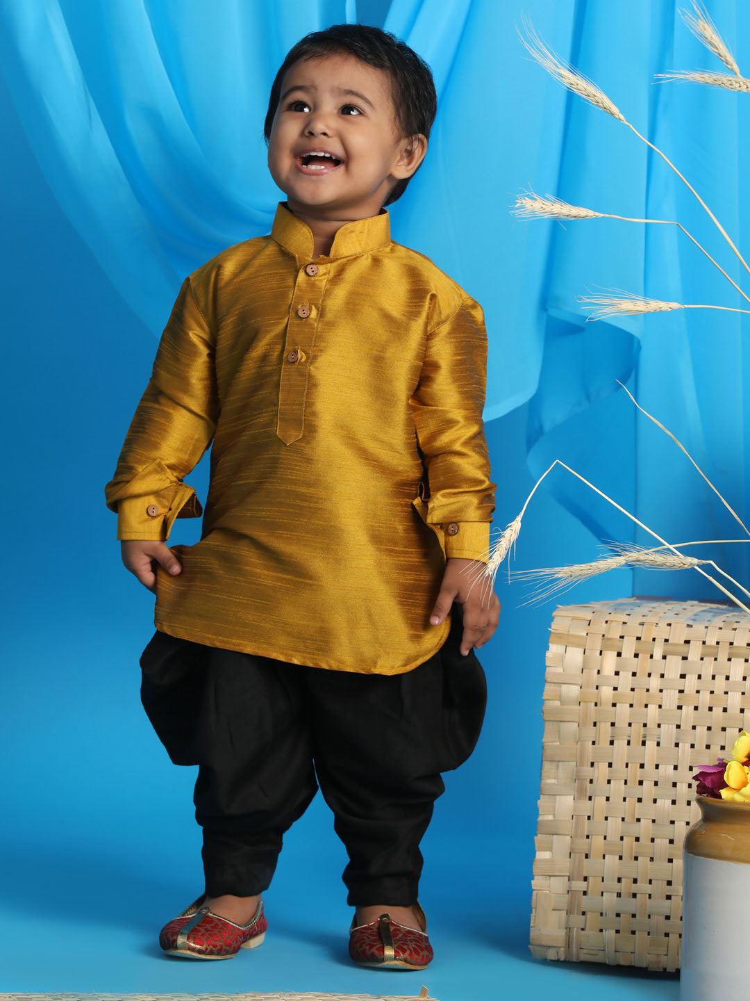 VASTRAMAY SISHU Boy's Mustard Kurta And Black Cowl Dhoti Set - qivii