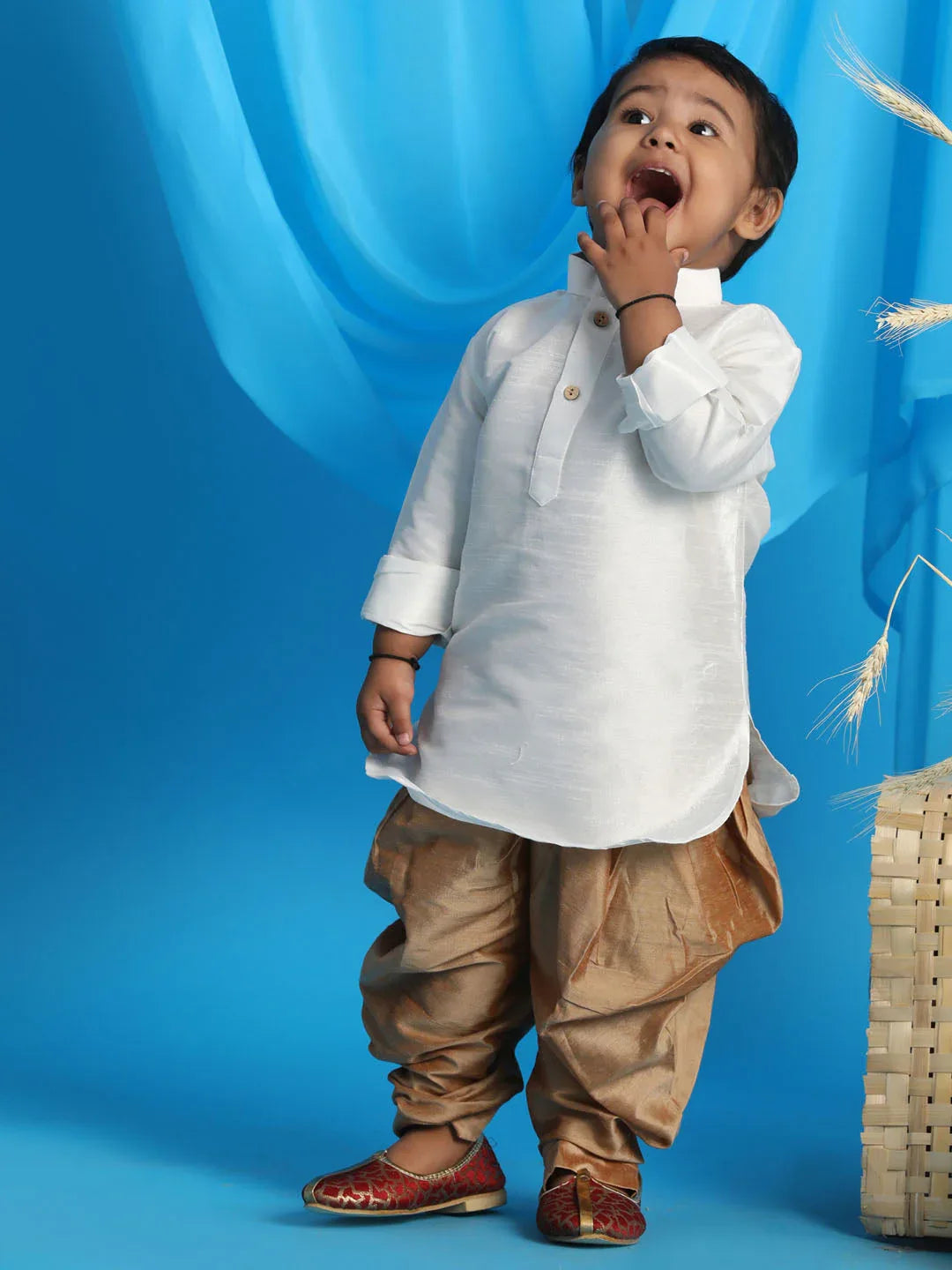 Sishu Boy's White & Rose Gold Kurta With Dhoti Pant Set