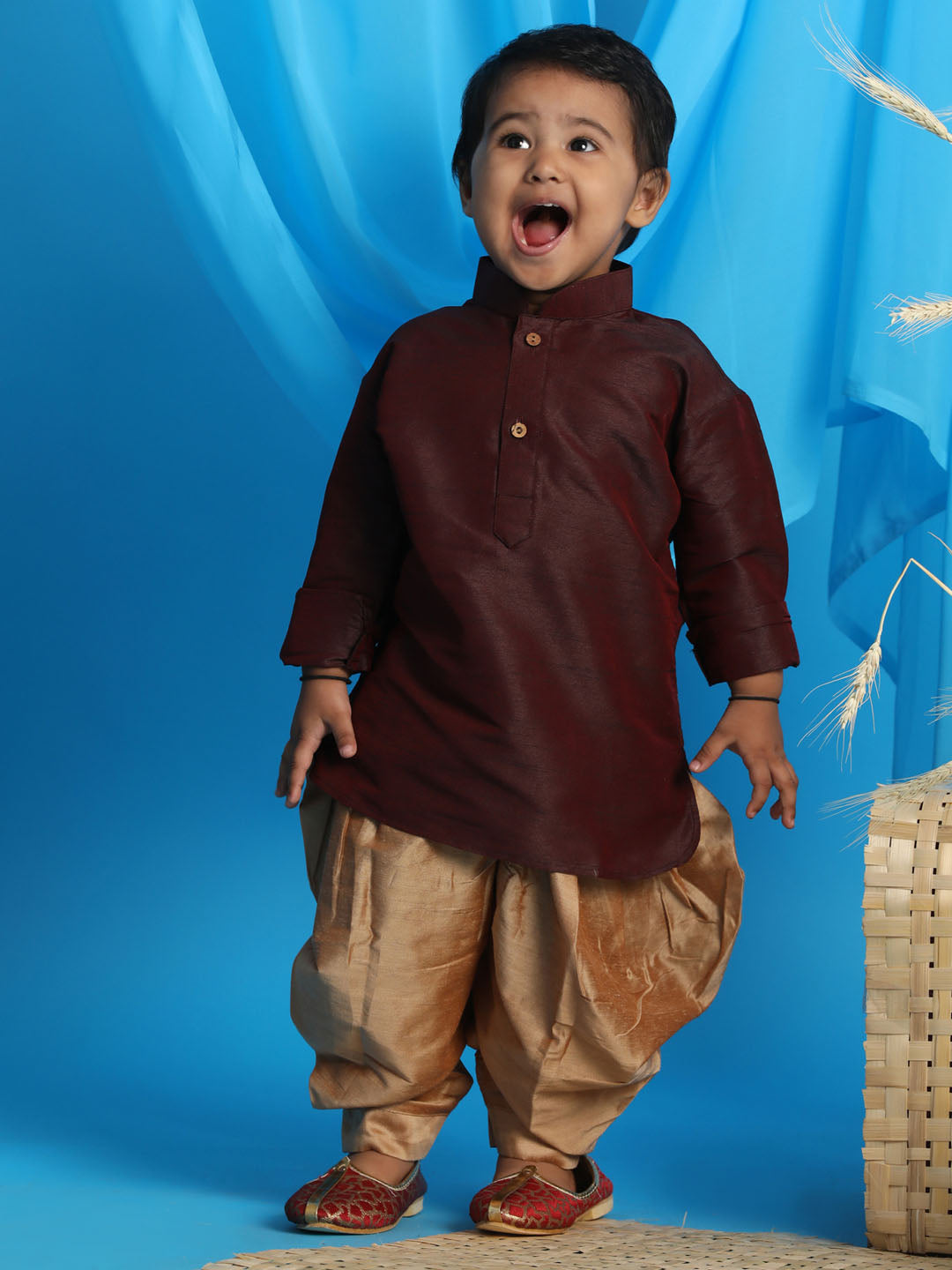 VASTRAMAY SISHU Boy's Wine Color & Rose Gold Kurta with Dhoti Pant Set - qivii
