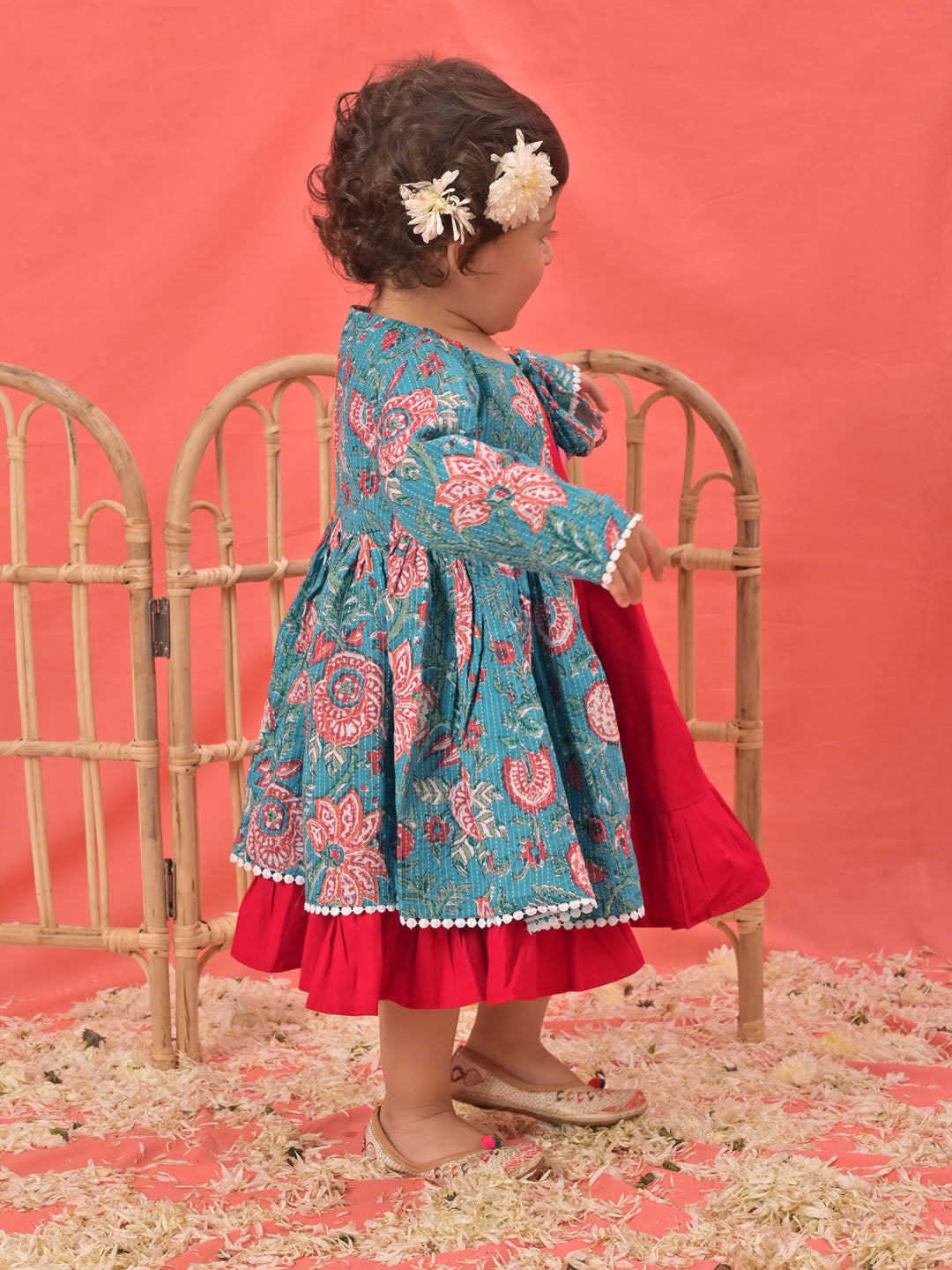 VASTRAMAY Girl's Red Anarkali Dress With Printed Jacket - qivii