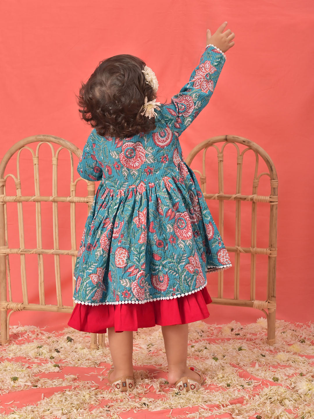 VASTRAMAY Girl's Red Anarkali Dress With Printed Jacket - qivii