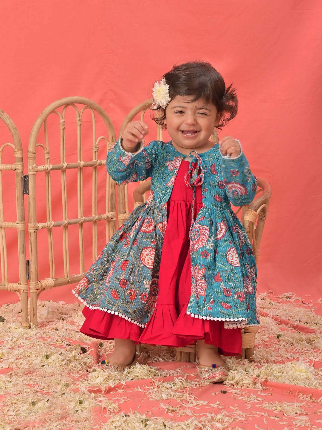 VASTRAMAY Girl's Red Anarkali Dress With Printed Jacket - qivii