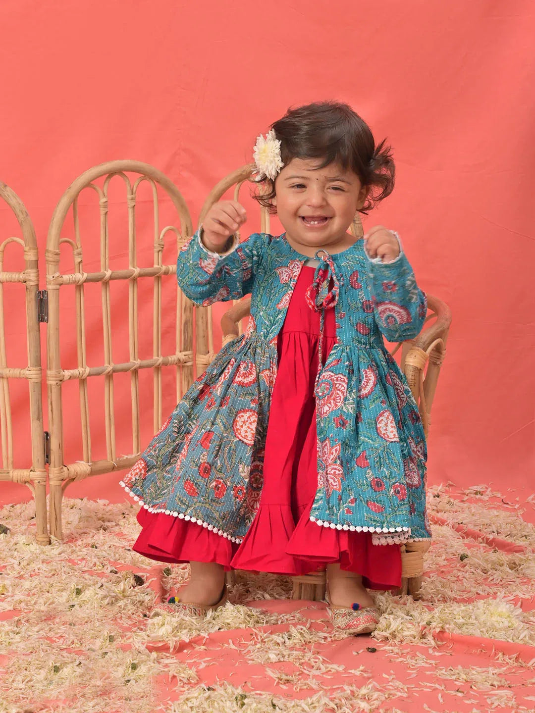 Girl's Red Anarkali Dress With Printed Jacket